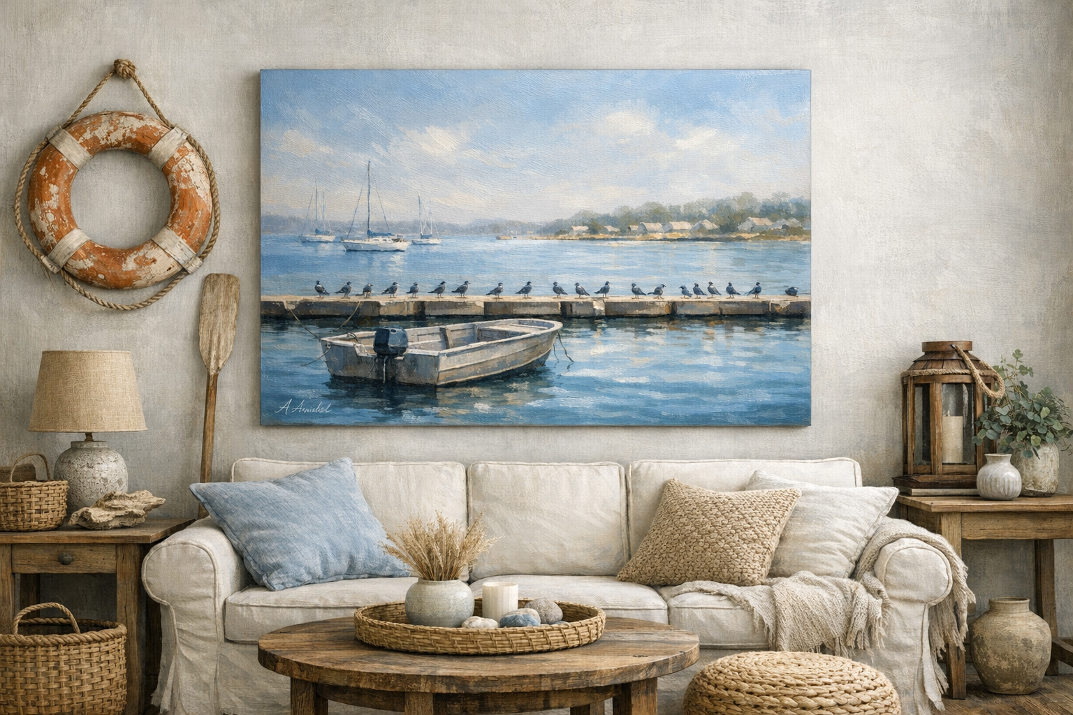 Living room with nautical decor, featuring a large ocean-themed painting of a boat and seagulls, a white sofa with pillows, a wicker basket, wooden tables, and decorative items like a life buoy, lantern, and vases with greenery.