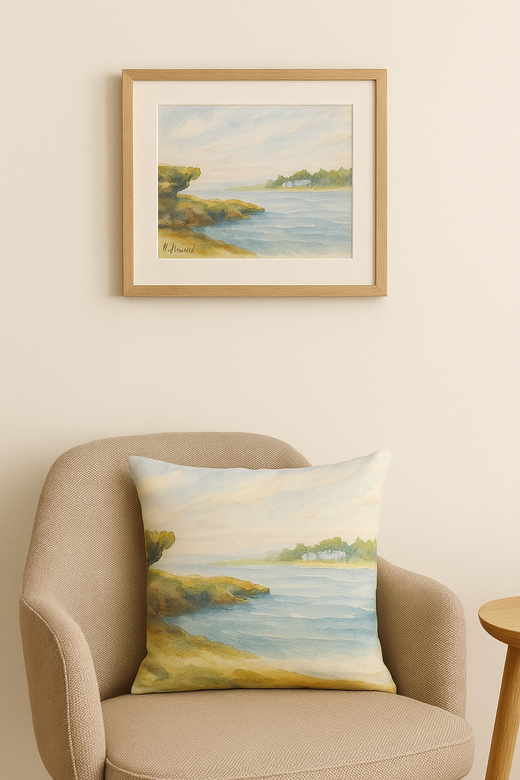 “Watercolour painting of a rocky shoreline with calm blue ocean, distant tree-lined coast and soft sky.
