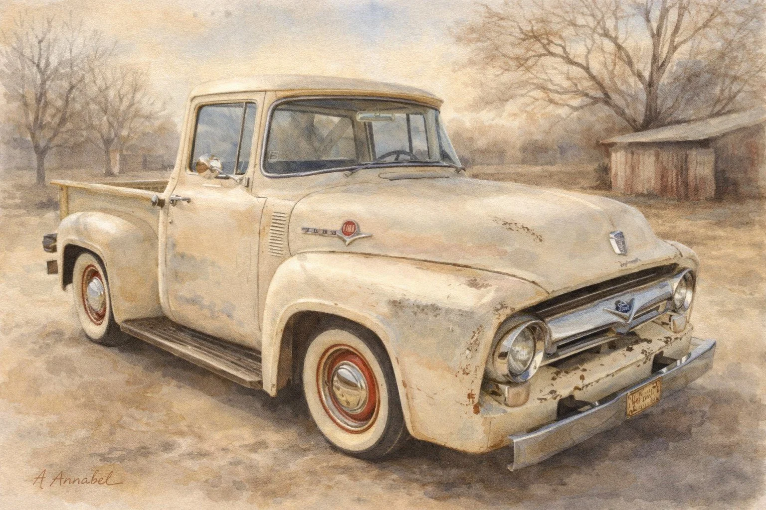 A vintage beige Ford F-100 pickup truck with rust and scratches, parked outdoors in a rural setting with leafless trees and a wooden shed in the background.