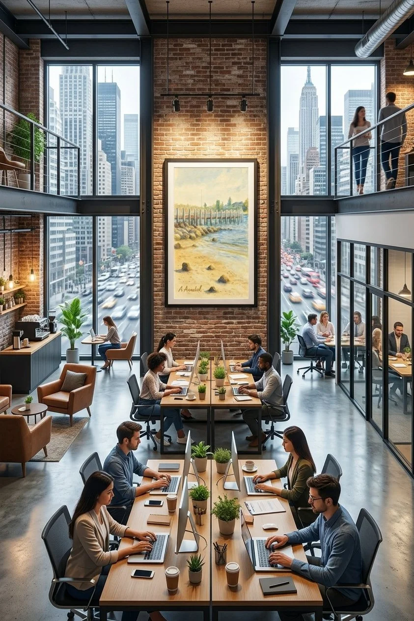 Busy office space with calming framed recalibrateandexhale.art piece on wall.