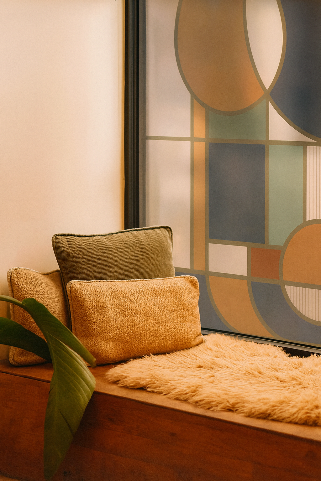A cozy corner with a wooden surface, a green plant leaf, three cushions in shades of green and beige, a soft beige fur rug, and a large modern geometric patterned wall or window with circles, rectangles, and lines in earthy tones.