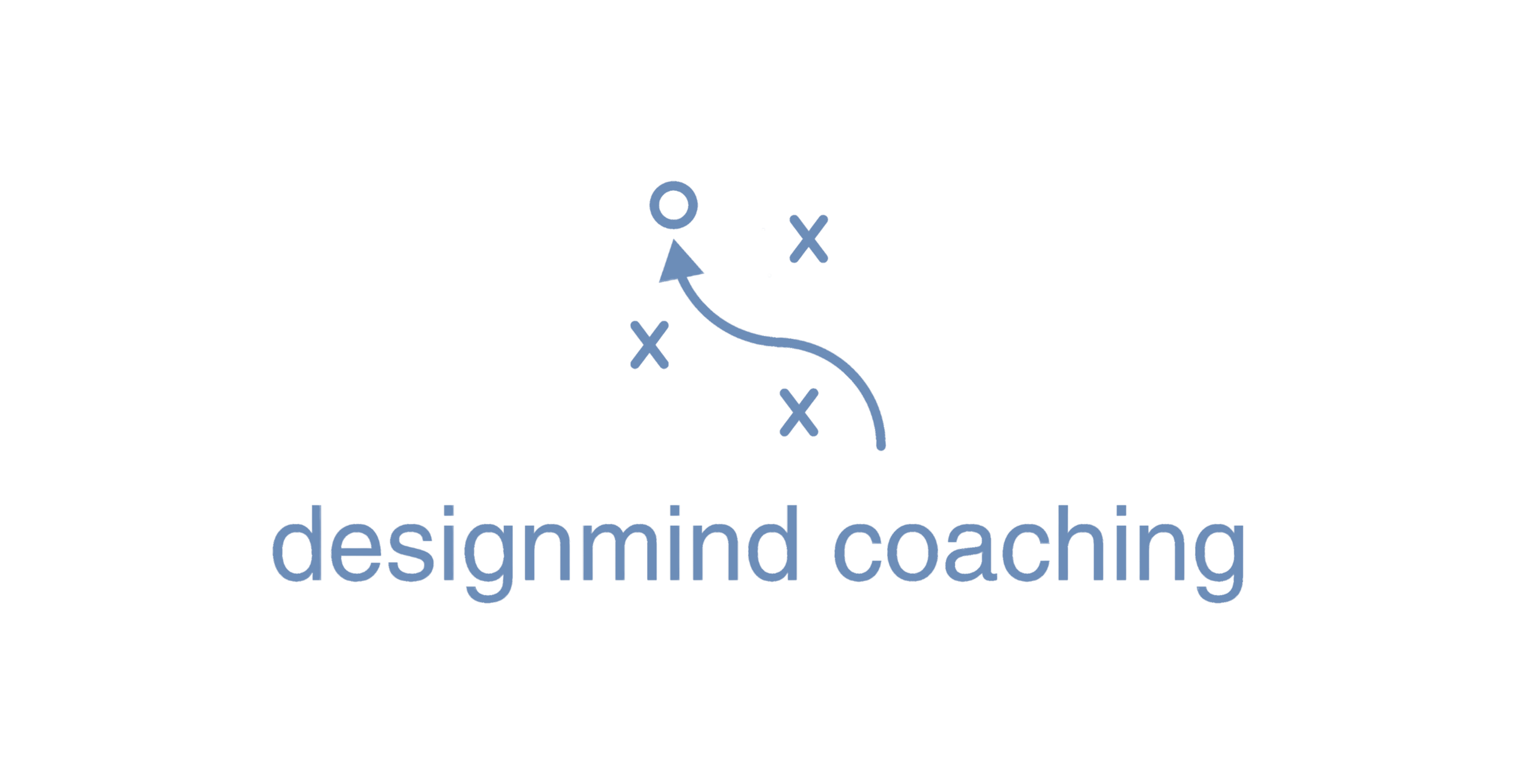 A logo with a blue pathway and four crosses representing a sports strategy, and the text 'designmind coaching' underneath.