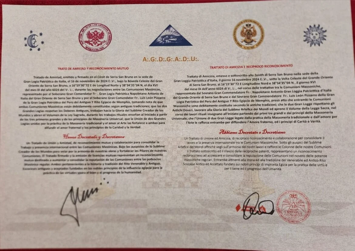 Documento con testi in italiano e spagnolo, con sigilli e loghi ufficiali alla parte superiore.