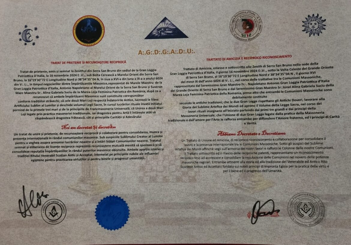 Certificato di riconoscimento e amicizia tra logge massoniche, con sigilli e firme, scritto in italiano.