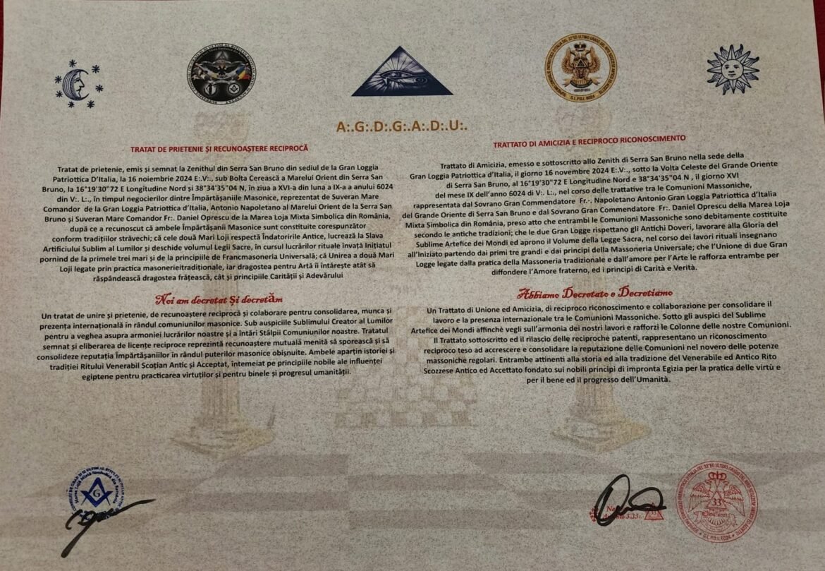 Documento ufficiale di tradizione e fratellanza tra logge massoniche, con sigilli e firme.