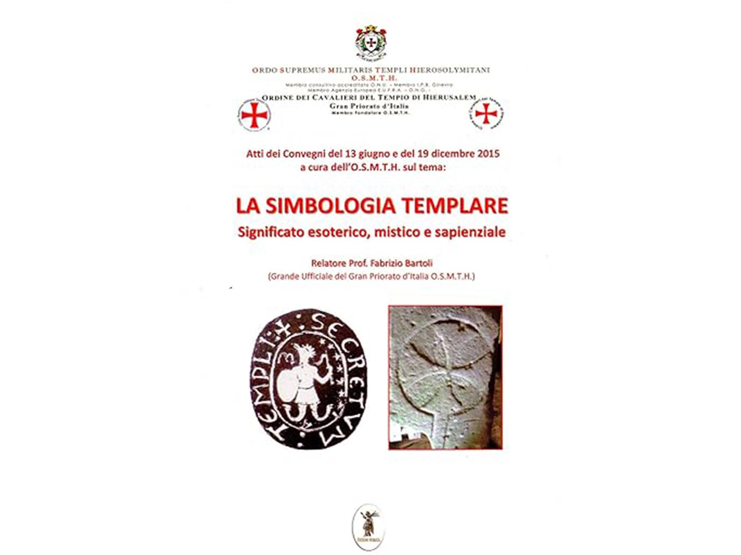 Copertina di un documento con testo in italiano, prevalentemente in rosso, e immagini di simboli e sculture antiche, riguardante la simbologia templare.