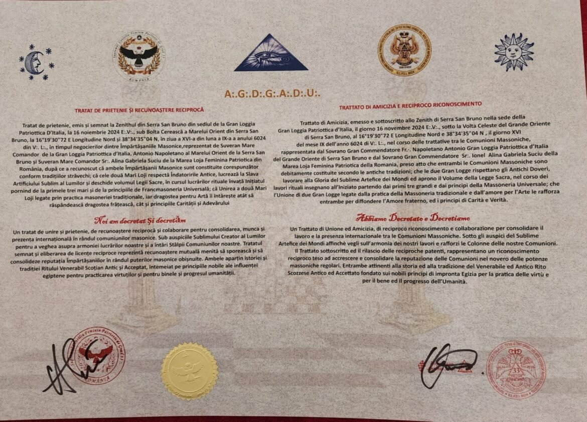 Documento scritto in italiano con simboli e sigilli ufficiali, riguardante un trattato di amicizia e reciproco riconoscimento tra entità o stati, con firme e sigilli in basso.