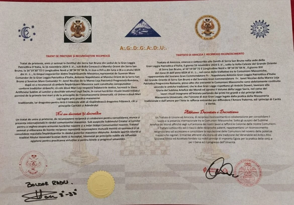 Documento ufficiale che celebra un trattato di amicizia e reciproco riconoscimento tra varie entità, con sigilli, firme e testi in italiano e rumeno.
