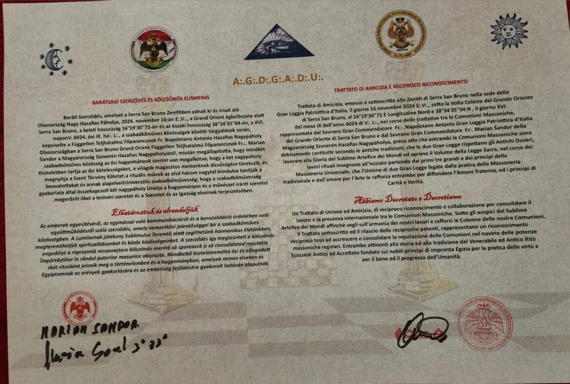 Documento ufficiale con vari sigilli e firme, scritto in italiano e ungherese, con simboli religiosi e storici in alto.