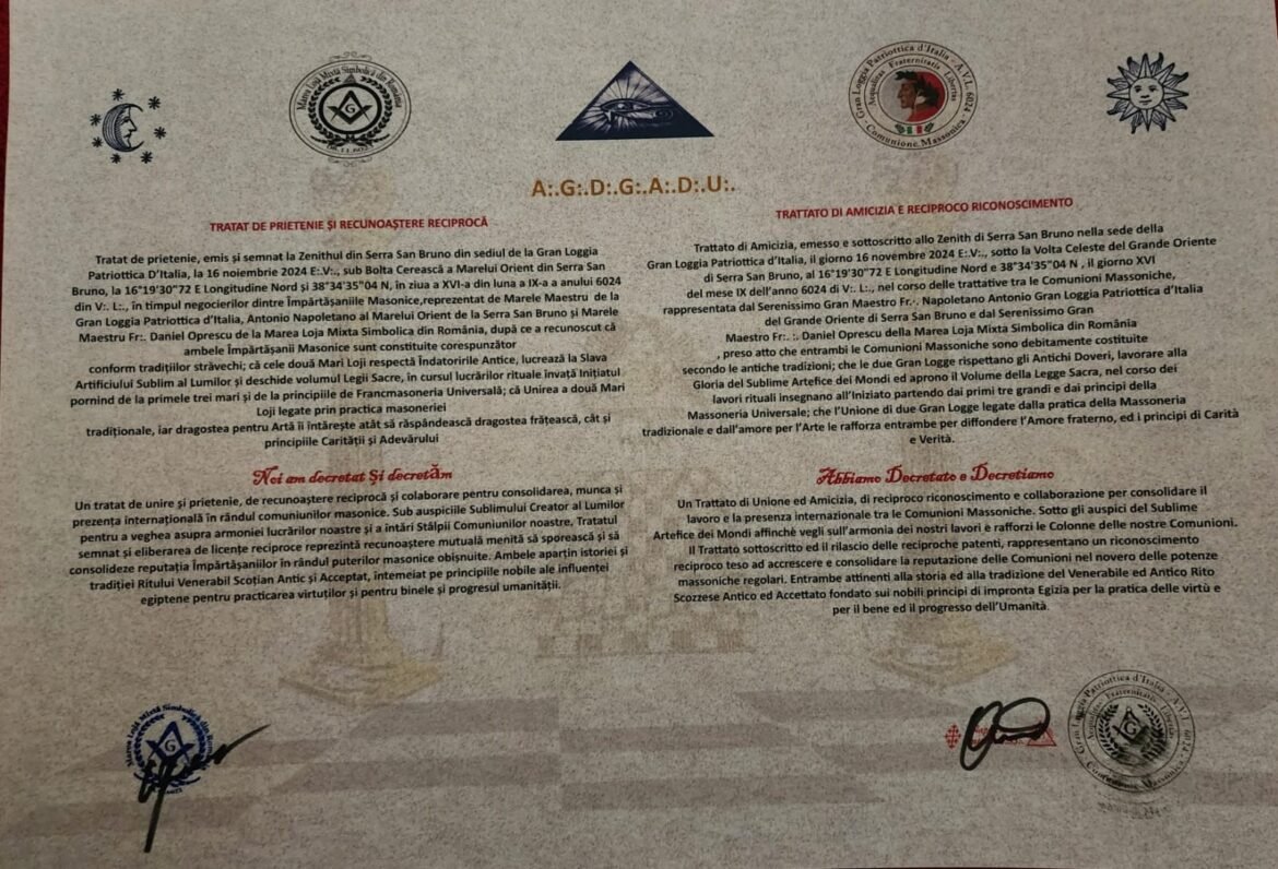 Documento con vari loghi e testi in italiano e rumeno riguardanti trattati di amicizia, riconoscimento reciproco e collaborazione tra le istituzioni, firmato e datato.
