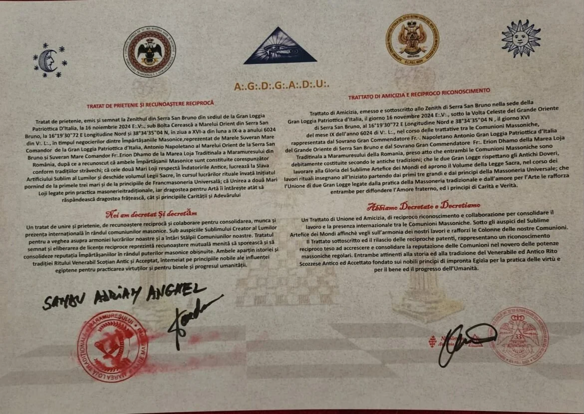 Documento ufficiale scritto in italiano contenente testi, firme e sigilli ufficiali, con simboli massonici e alchemici, riferito a un trattato di amicizia e reciproco riconoscimento tra logge massoniche.