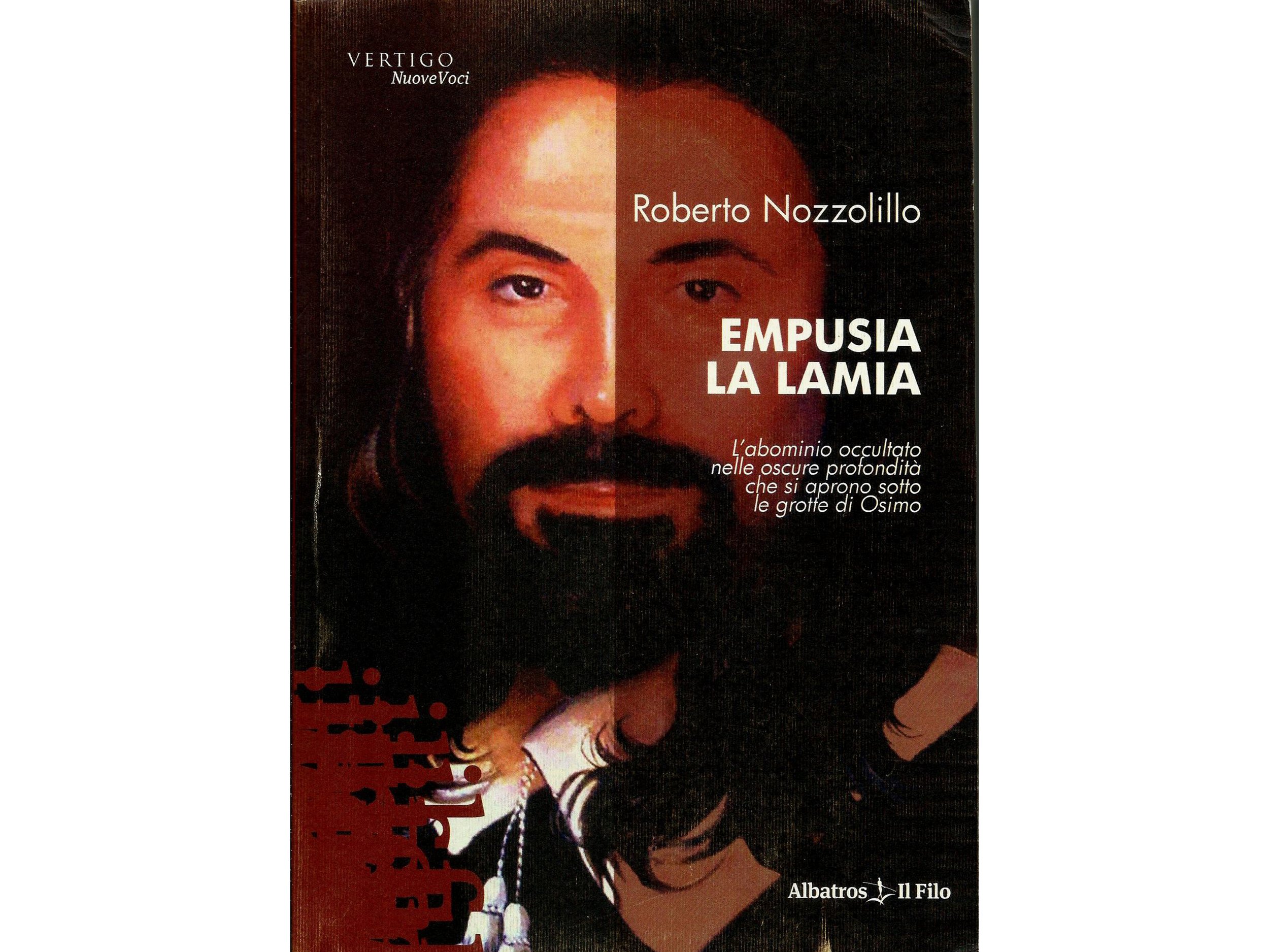 Copertina di un libro con immagine di un volto di uomo con capelli lunghi e barba. Testo sul libro include: 'Roberto Nozzilillo', 'EMPUSIA LA LAMIA', e una descrizione sottostante, con un logo in basso di Albatros Il Filo.