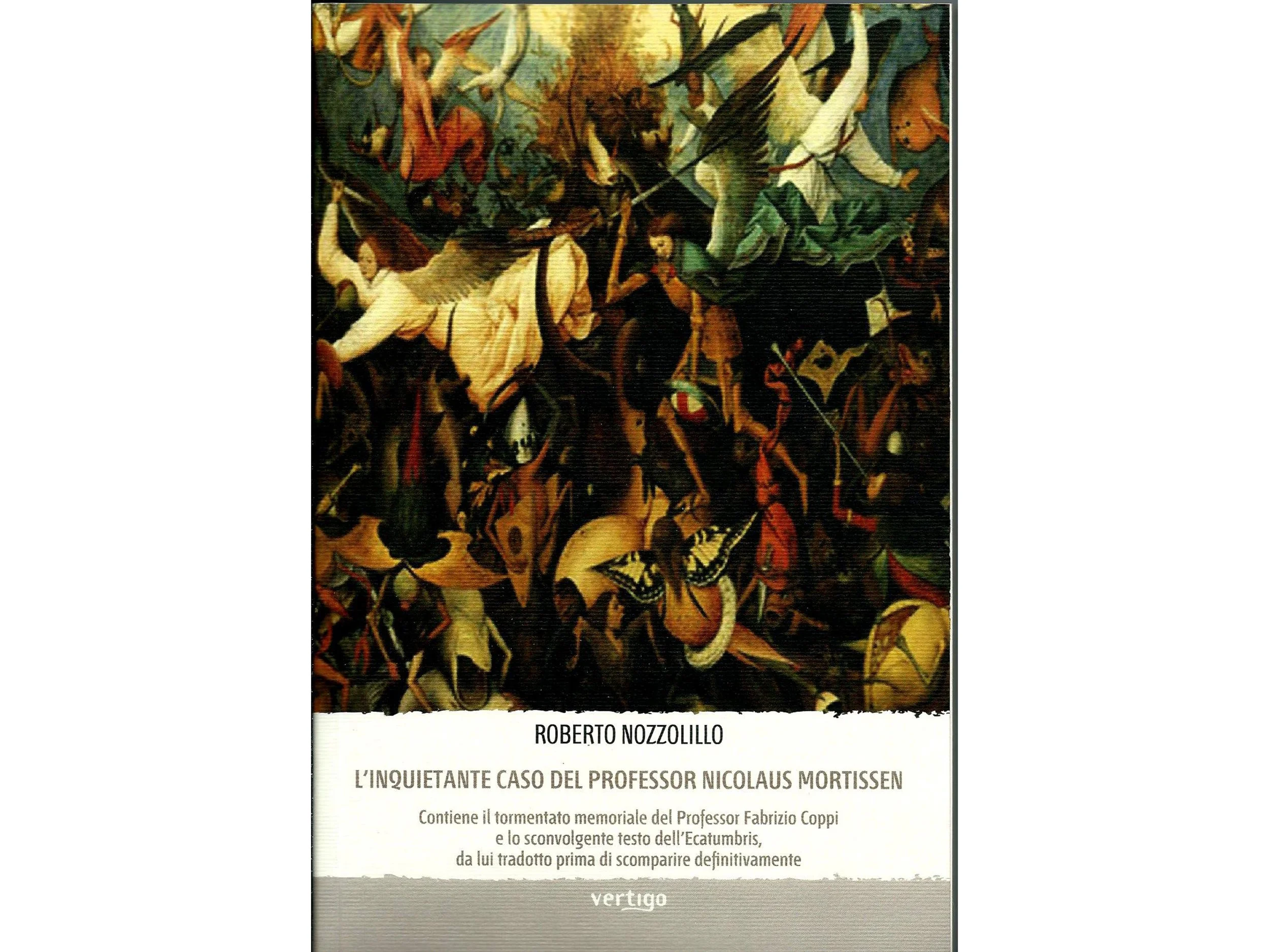 Copertina di un libro con un dipinto astratto che raffigura figure umane e figure di uccelli, con colori intensi come arancione, verde e nero, e una sezione bianca con il titolo e i dettagli del libro.