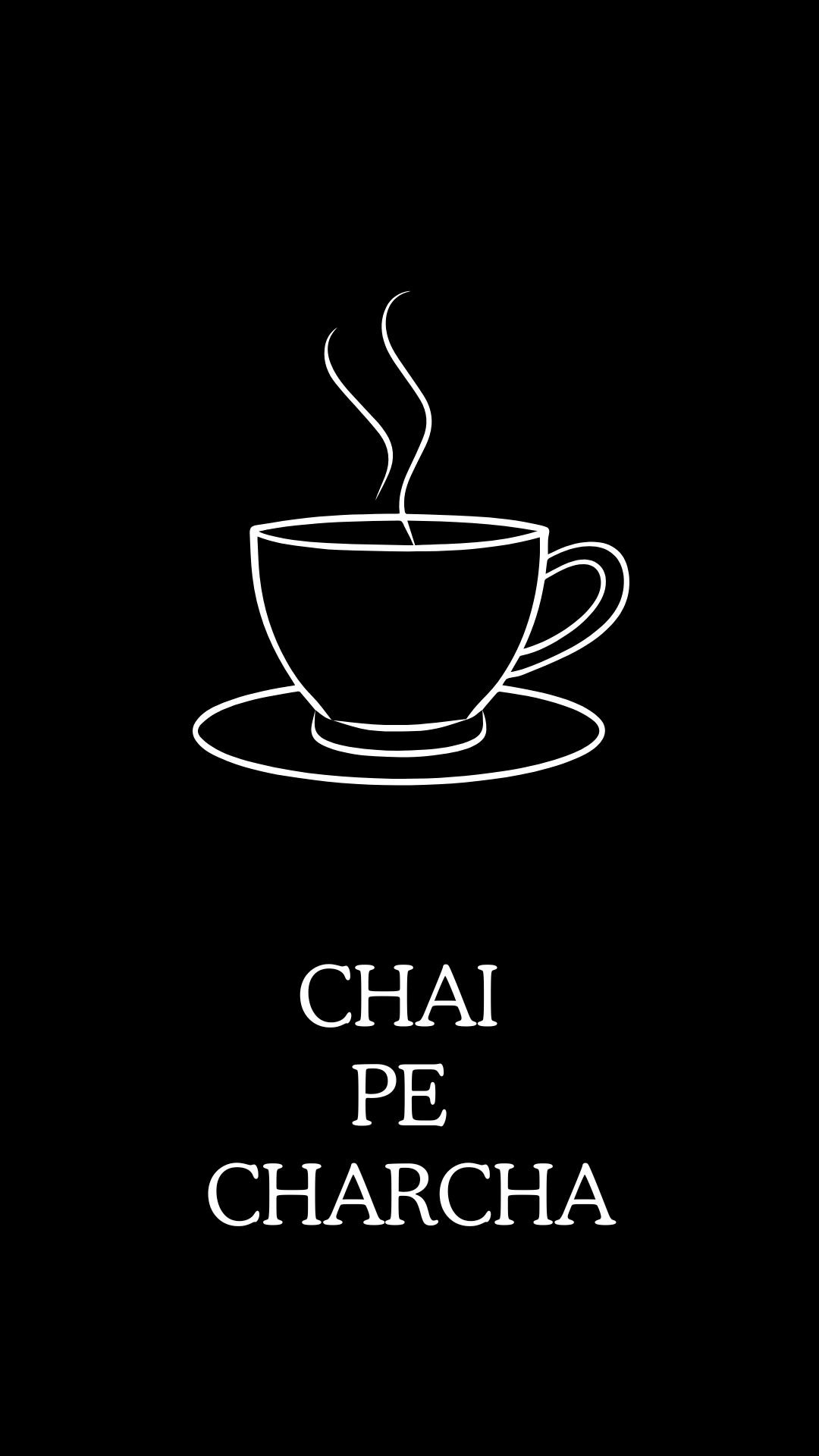 Minimalist line drawing of a steaming cup of chai tea on a saucer with the words "Chai Pe Charcha" below in white text on a black background.