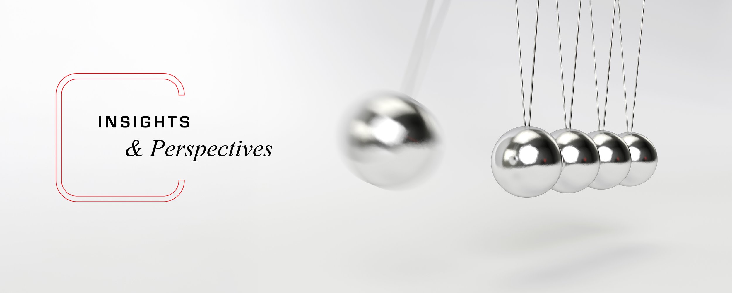 Silver Newton's cradle with five balls on a white background, and text that reads 'Insights & Perspectives' in black on a white background.
