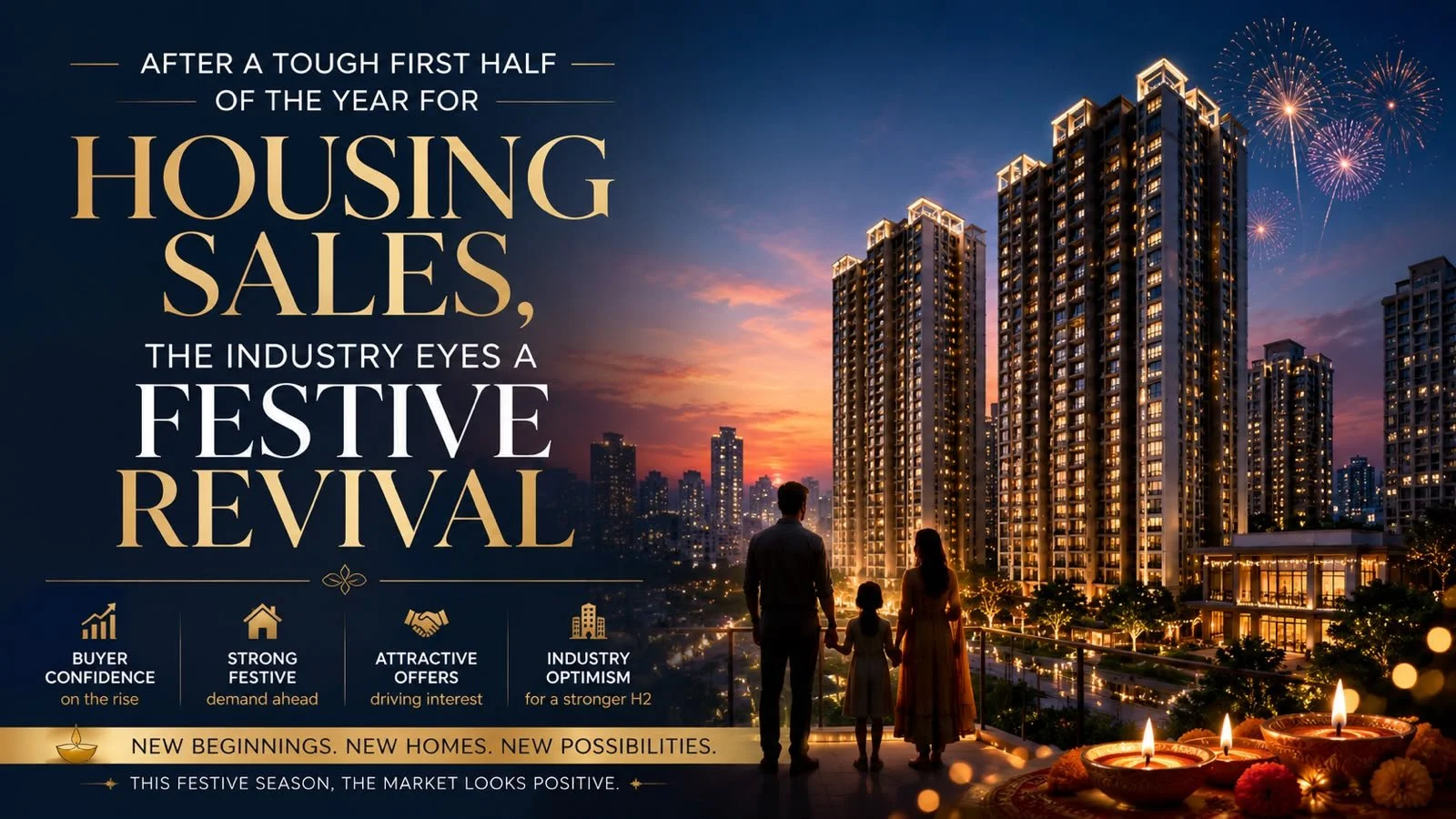 A family holding hands overlooking a city skyline at sunset with fireworks, decorated for a festival, promoting housing sales.