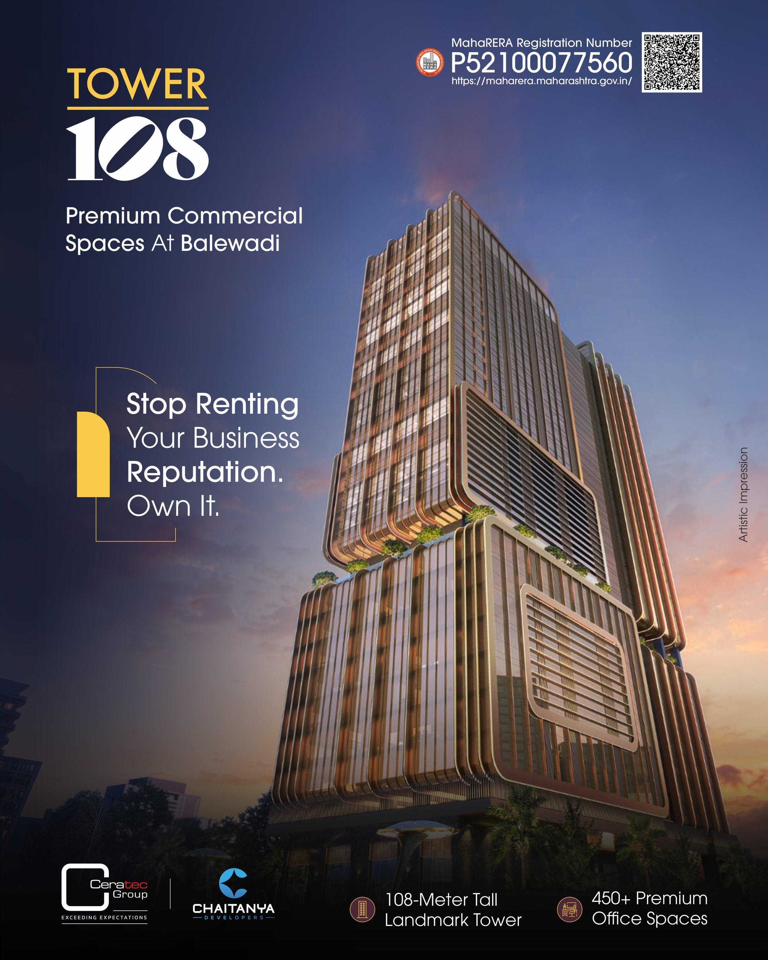 Your business has grown&mdash;now it's time your address reflects it.

Move beyond rental spaces and establish your presence in a landmark commercial destination. Tower 108 offers premium office spaces that combine iconic architecture, world-class am