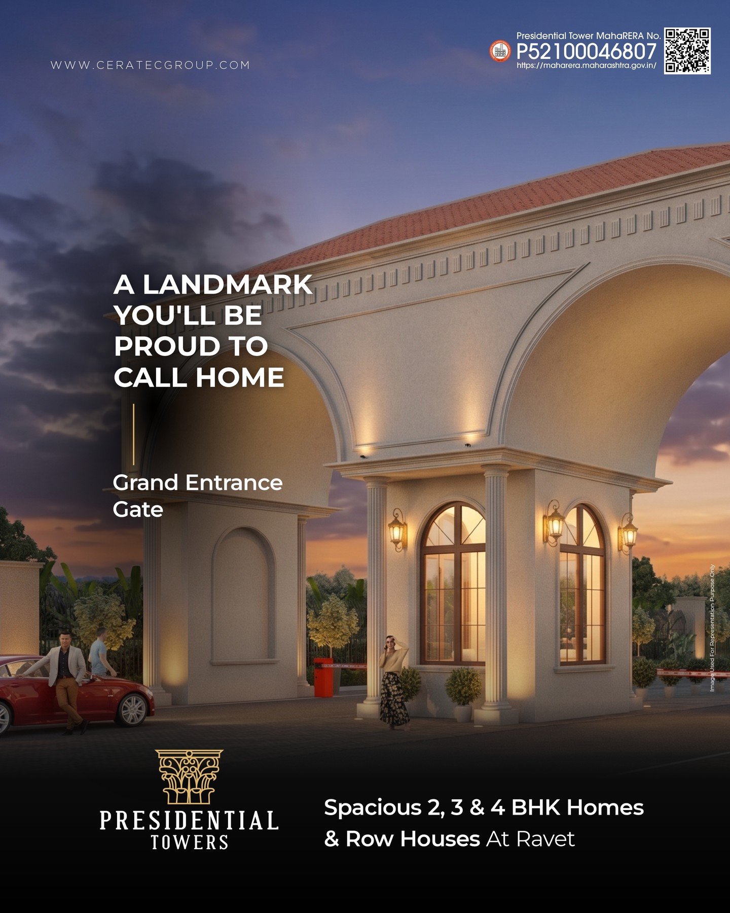 A Grand Welcome to a Landmark Lifestyle.

Step into Presidential Towers, Ravet, where an iconic grand entrance sets the tone for a life of elegance, comfort and distinction.

Discover spacious 2, 3 &amp; 4 BHK homes and row houses crafted for those w