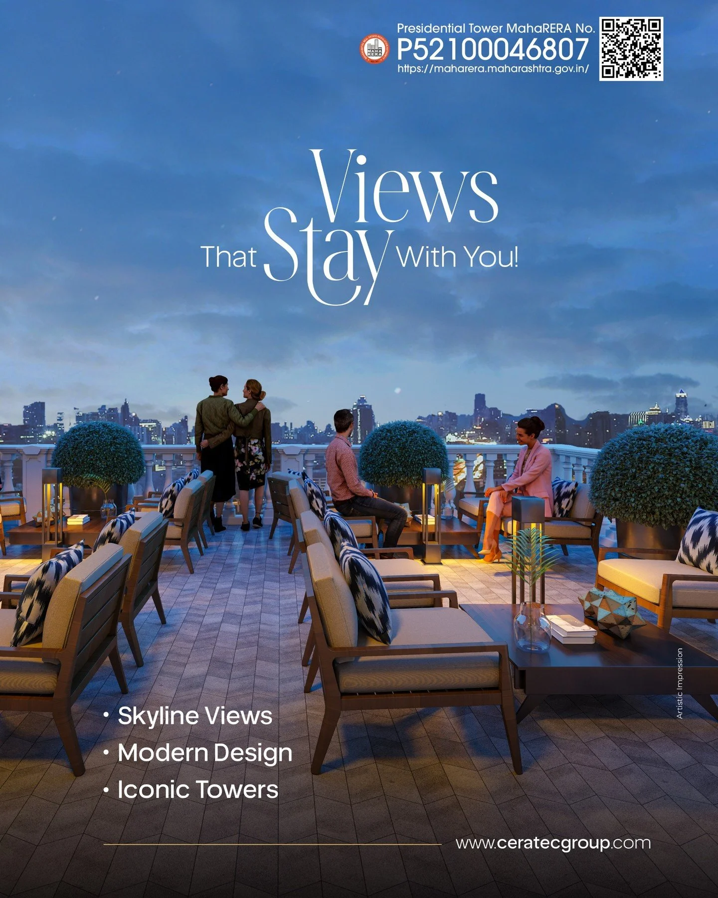 Step into a world where elegance meets exclusivity. Enjoy panoramic skyline views, contemporary architecture, and thoughtfully designed spaces that redefine modern living at Presidential Towers, Ravet.

🌐 Website: www.ceratecgroup.com
📞 Call: +91 7