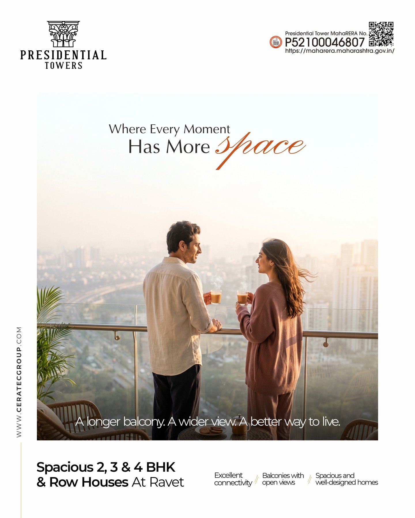 Where Every Moment Has More Space. 🌿🏡

Imagine mornings filled with natural light, open views from your balcony, and evenings spent unwinding in the comfort of your own space. At Presidential Towers, Ravet, spacious layouts and thoughtfully planned