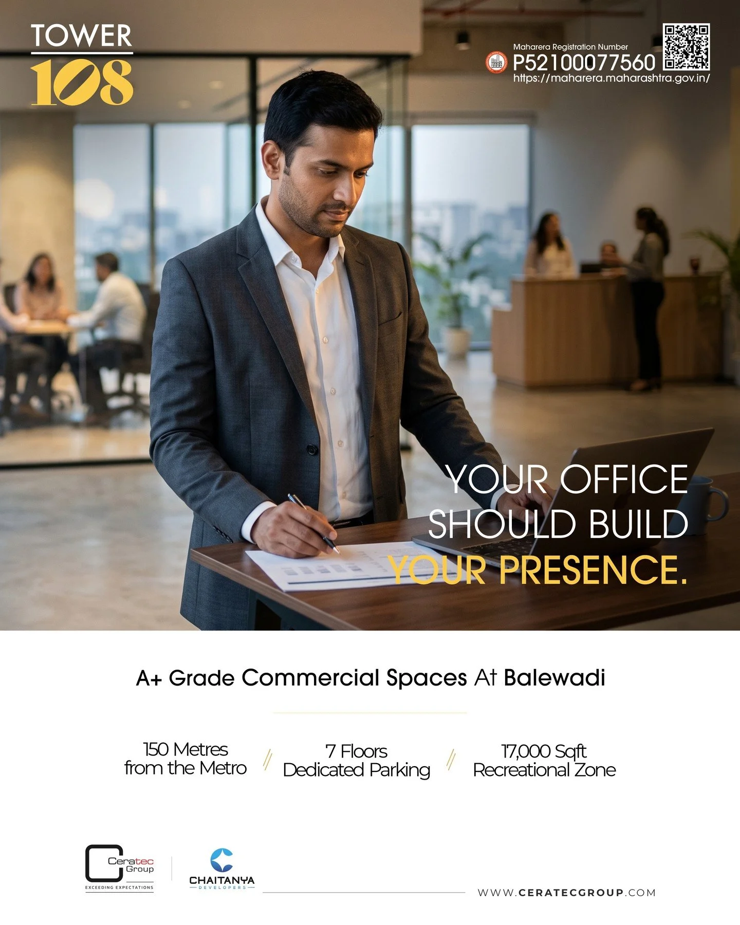 Your Office Should Build Your Presence. 🏙️

Your business deserves a workspace that reflects your vision and ambition. Tower 108 brings you A+ Grade commercial spaces in Balewadi, combining modern infrastructure, convenient connectivity, and thought