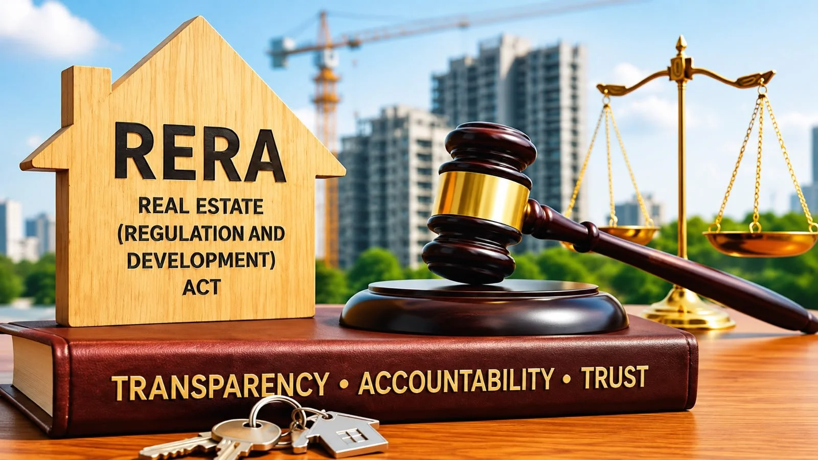 Legal symbols including a wooden house with 'RERA' and legal text, a gavel, and a scale on a desk with a cityscape background.