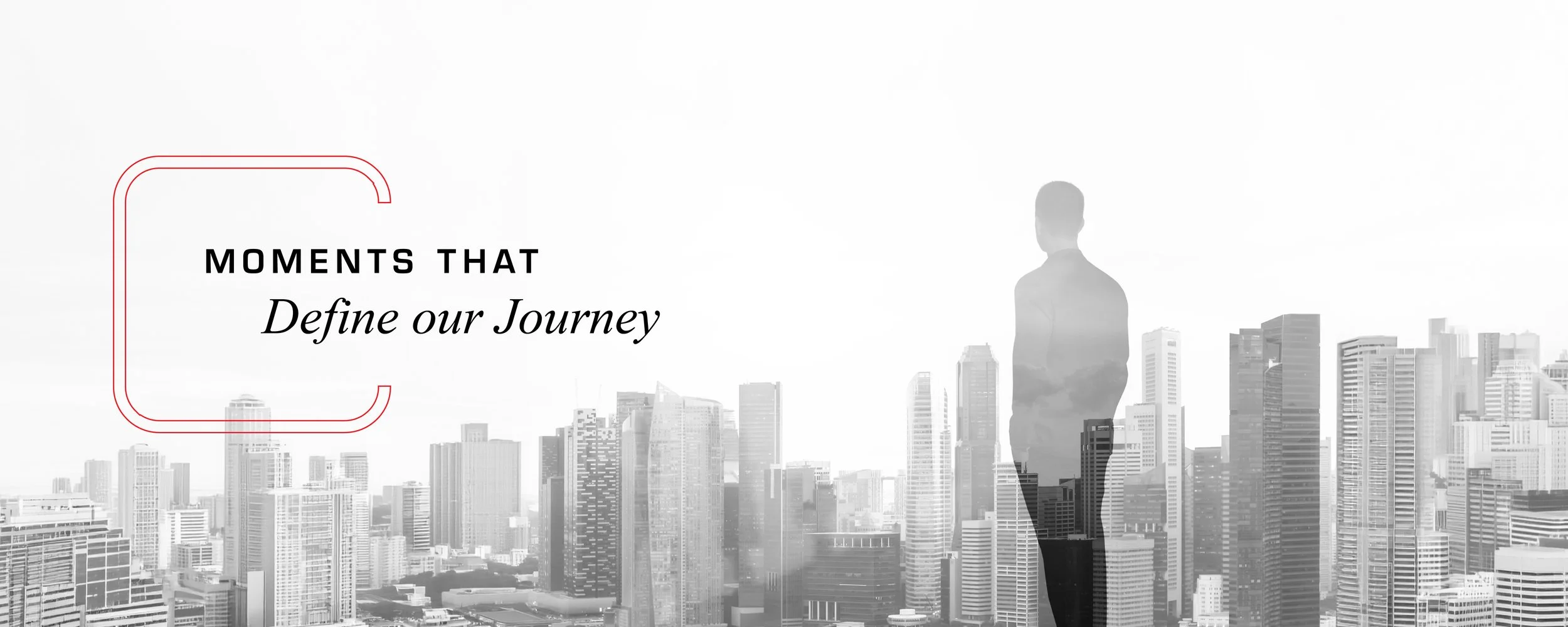 A black-and-white cityscape with tall buildings and a person in the foreground, along with text that reads 'Moments That Define Our Journey'.
