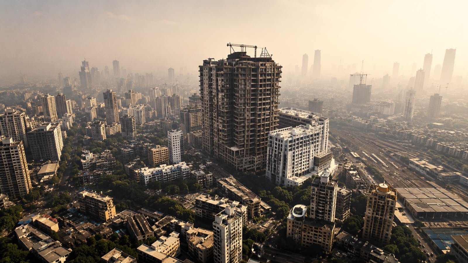 Cityscape with many high-rise buildings and construction cranes, hazy skyline in the distance.