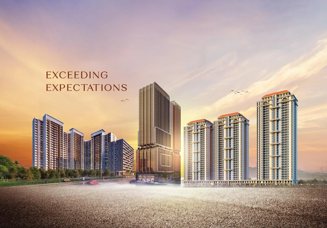 Architectural rendering of modern high-rise buildings at sunset with the words 'Exceeding Expectations' on the left.