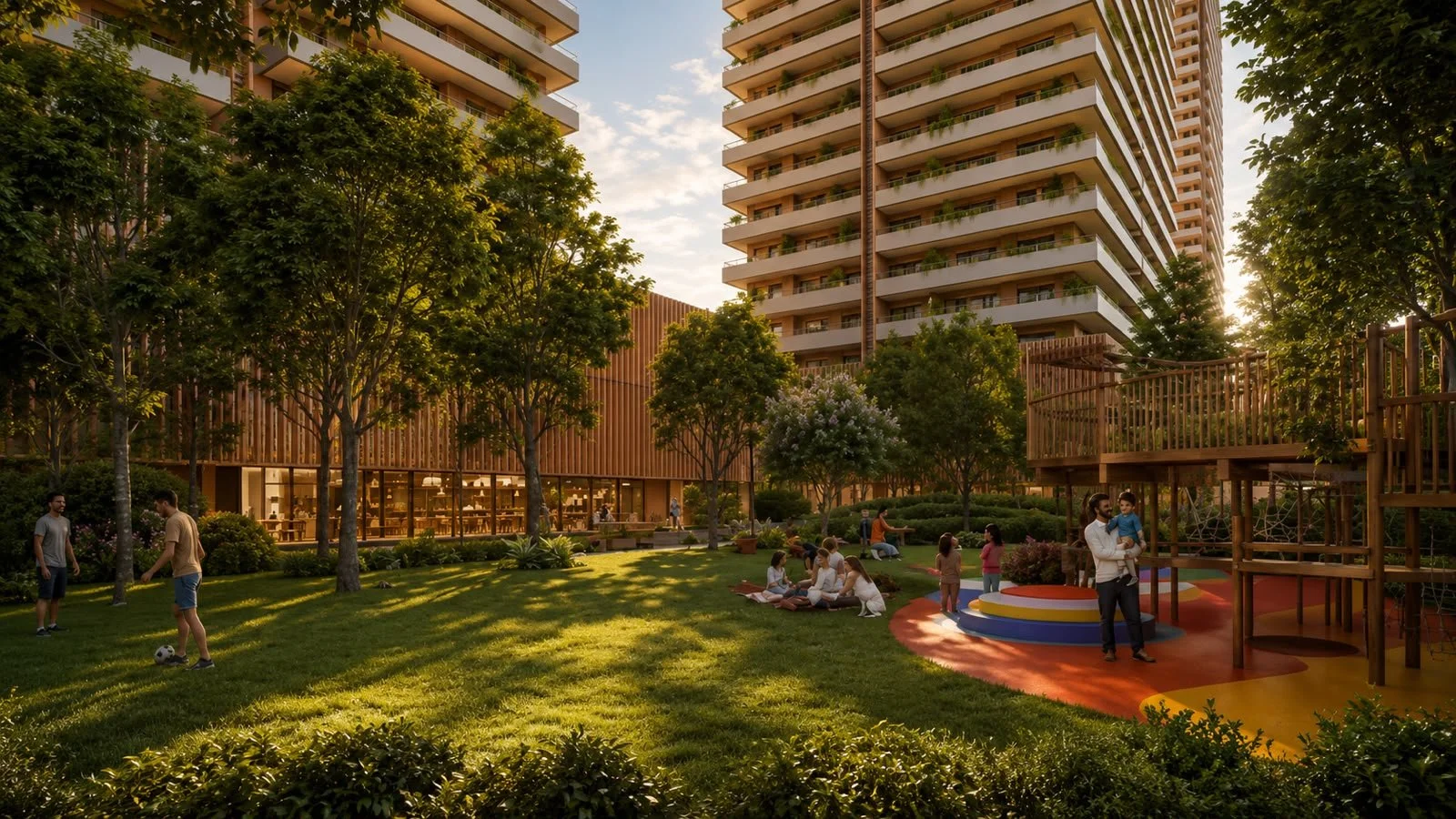 People enjoying a park with green grass and trees in front of a high-rise apartment building during sunset