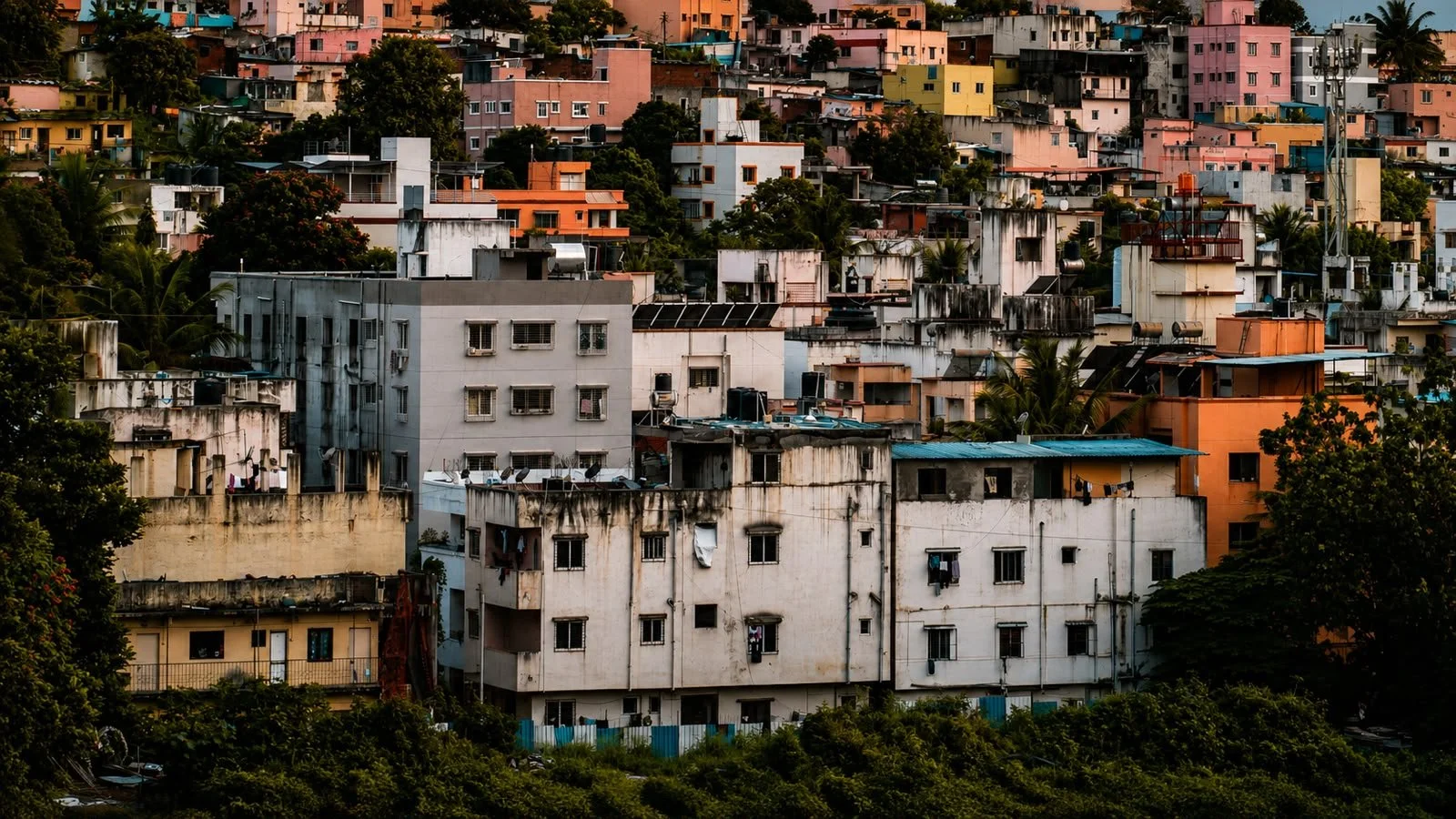 Urban hillside with densely packed residential buildings of various colors and sizes, surrounded by greenery in the foreground.