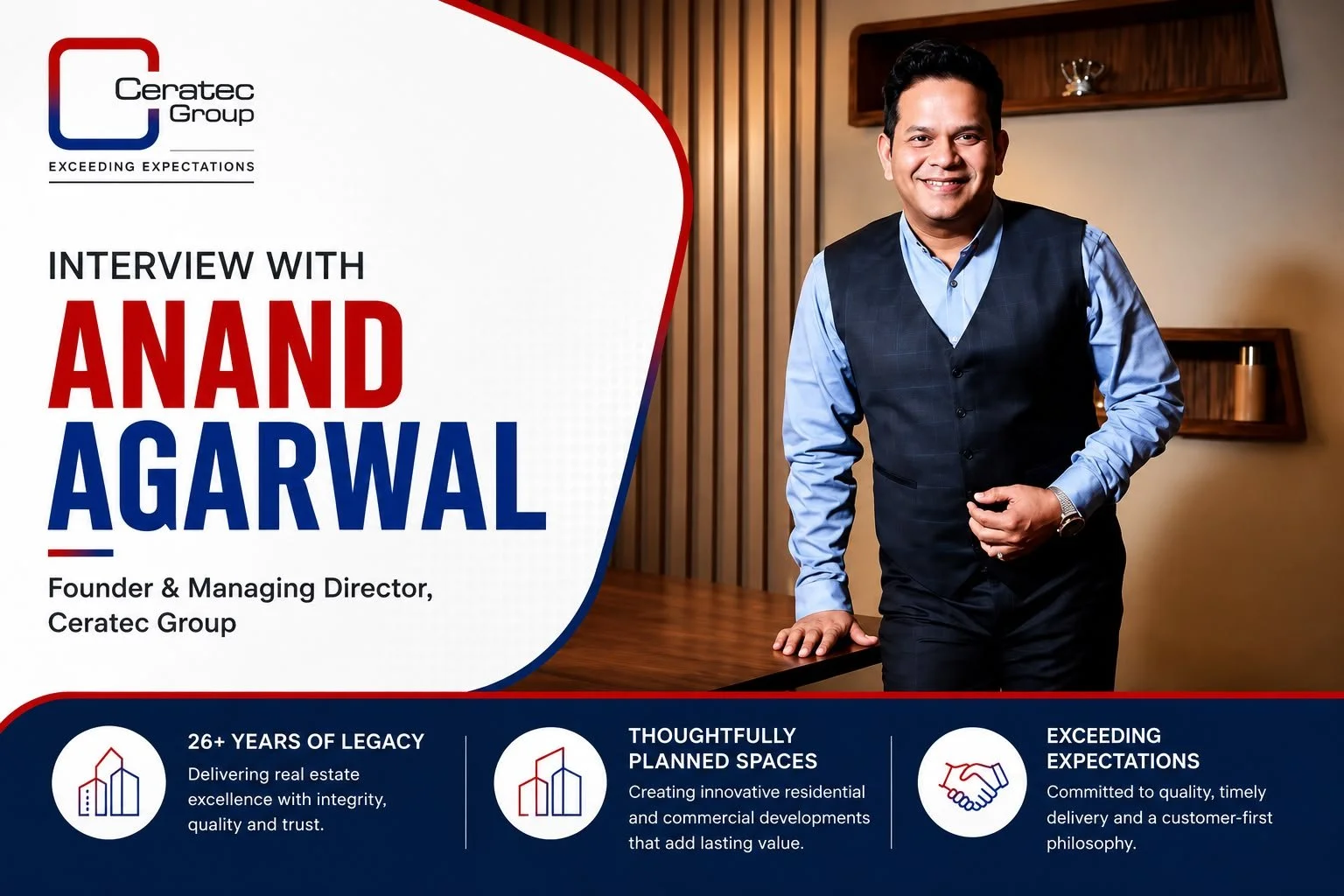 A promotional graphic featuring Anand Agarwal, founder and managing director of Ceratec Group, standing in a modern office setting. The image includes the Ceratec Group logo, a subtitle indicating an interview with Anand Agarwal, and icons with text highlighting the company's legacy, innovative spaces, and commitment to exceeding expectations.
