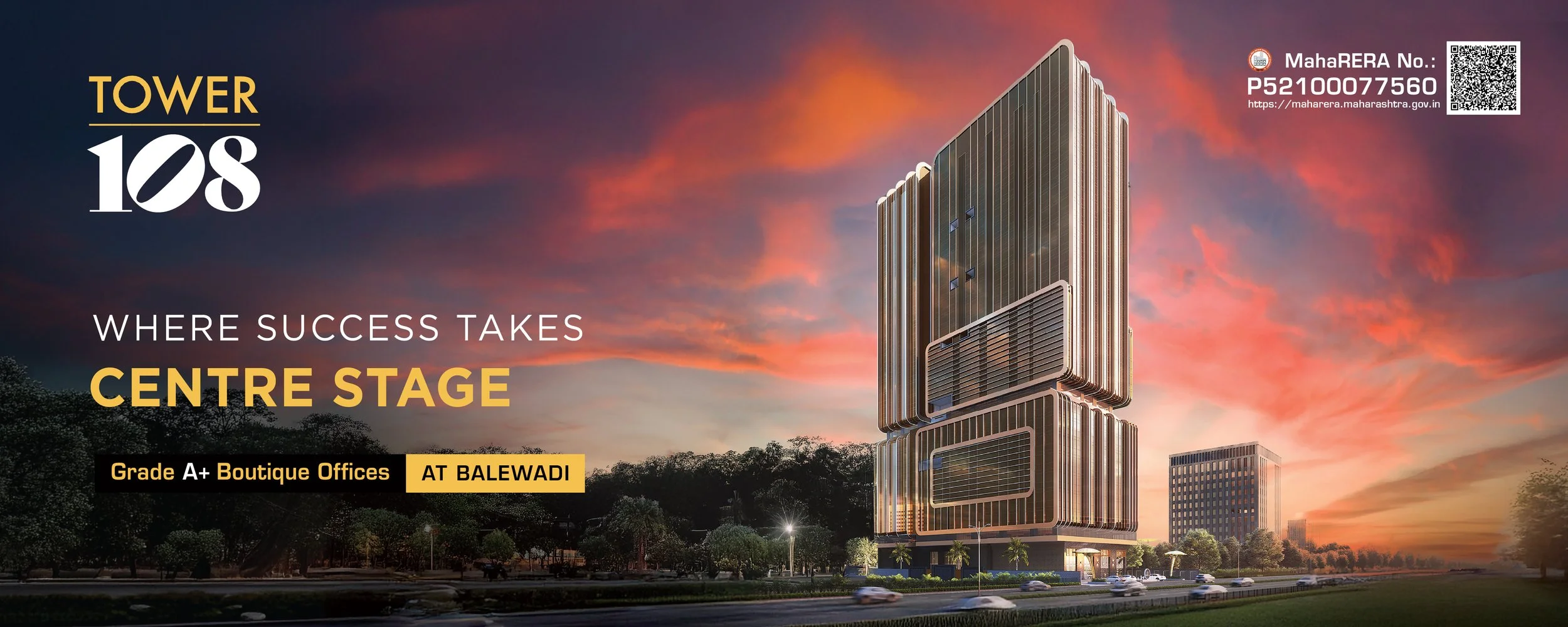 An architectural rendering of a modern high-rise tower called Tower 108 at Balewadi during sunset, with marketing text indicating luxury office spaces and the Maharashtra government URL in the top right corner.