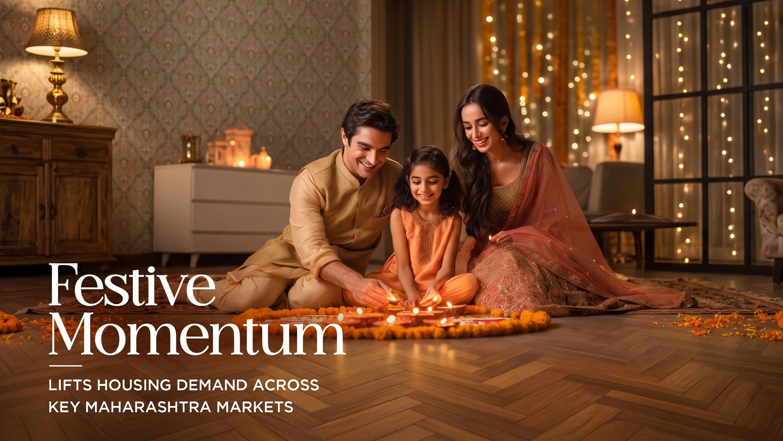 A family of three sitting on the floor during Diwali, lighting candles on a rangoli decorated with marigold flowers, in a cozy living room with warm lighting and festive decor.
