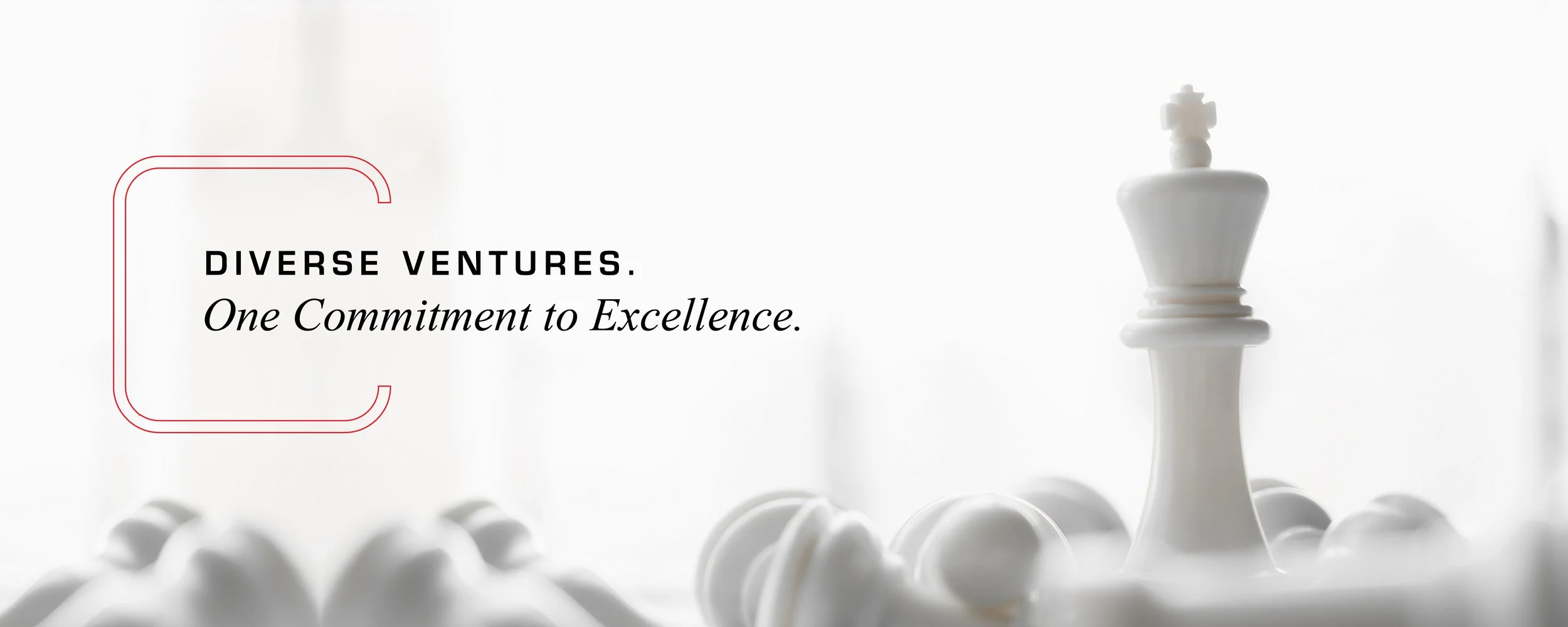 A white chess king piece surrounded by white chess pawns, with text that reads "Diverse Ventures. One Commitment to Excellence." on a white background.