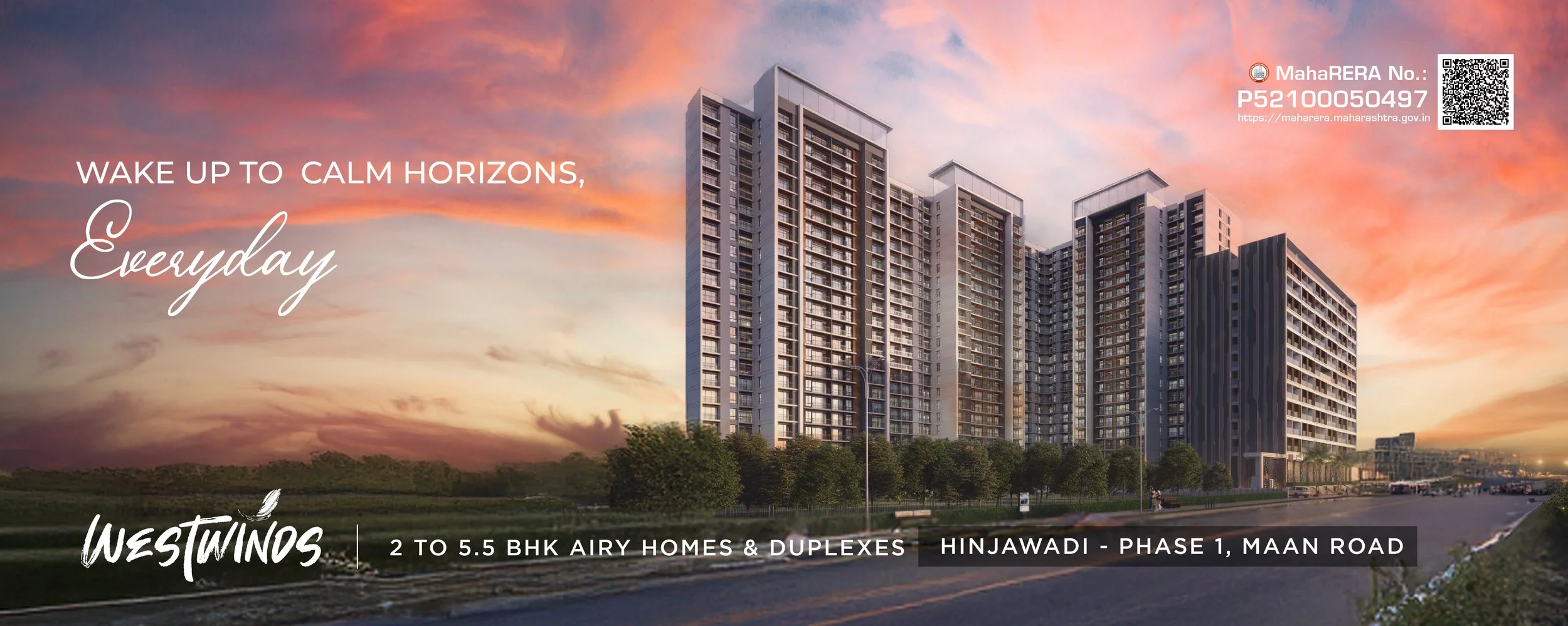 A modern high-rise residential building at sunset with a pink and orange sky, trees in the foreground, and text overlay advertising Westwinds apartments in Hinjawadi, Phase 1, Maan Road.