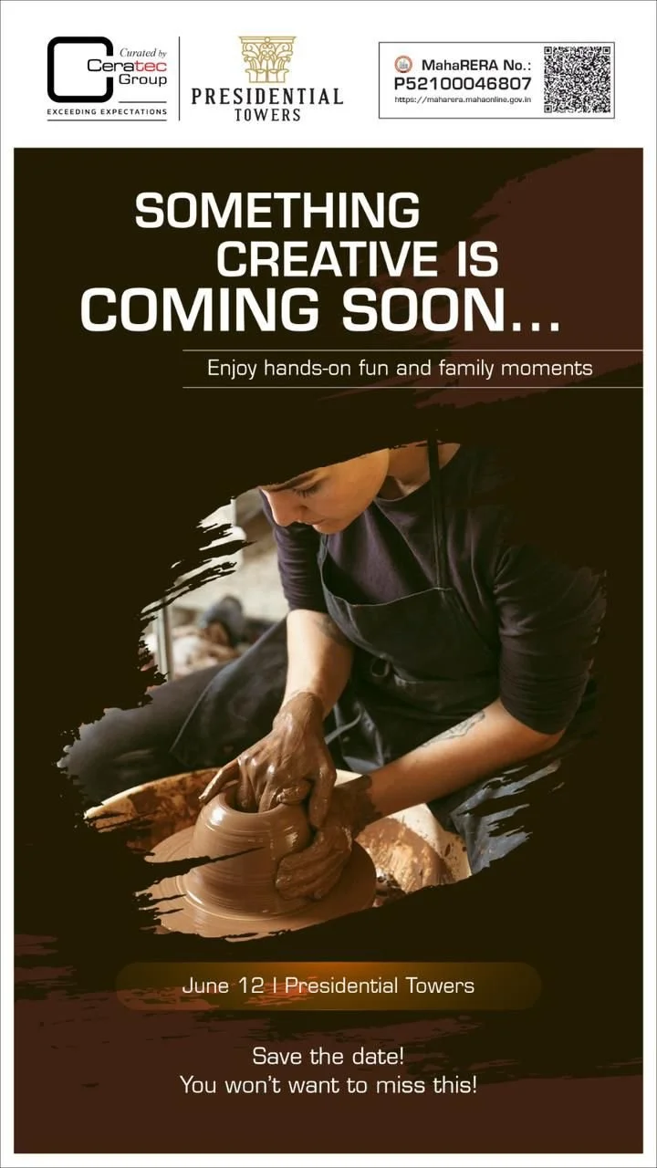 A flyer advertising an upcoming event at Presidential Towers, featuring a person shaping pottery on a wheel, with text about the event date, June 12, and encouraging attendance to enjoy family fun and creativity.