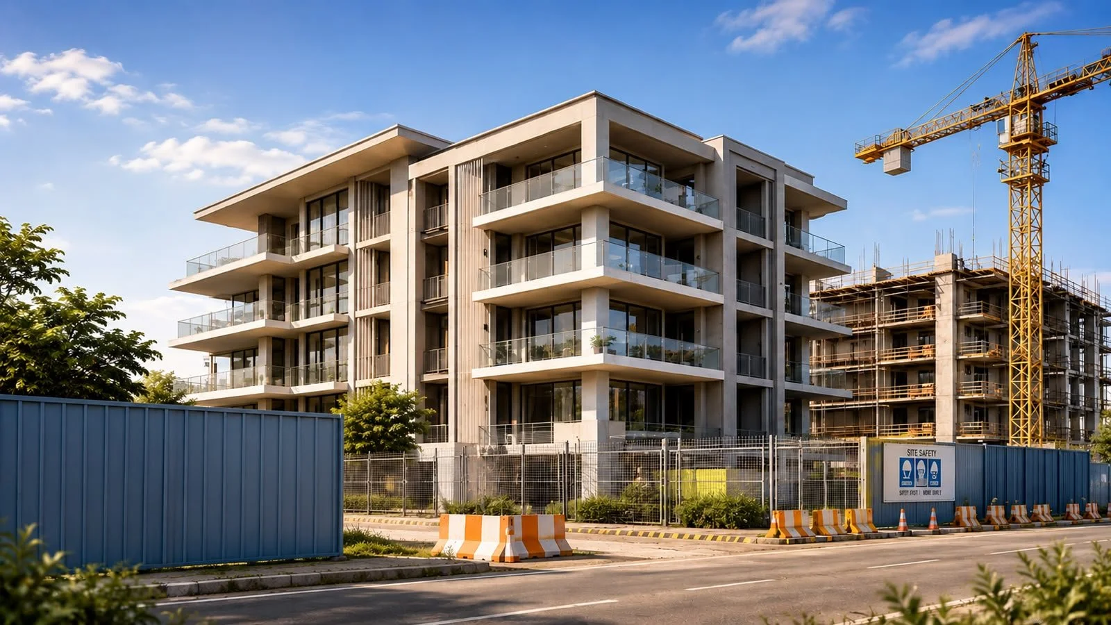 Modern multi-story residential building under construction, with cranes and construction barriers in the foreground.