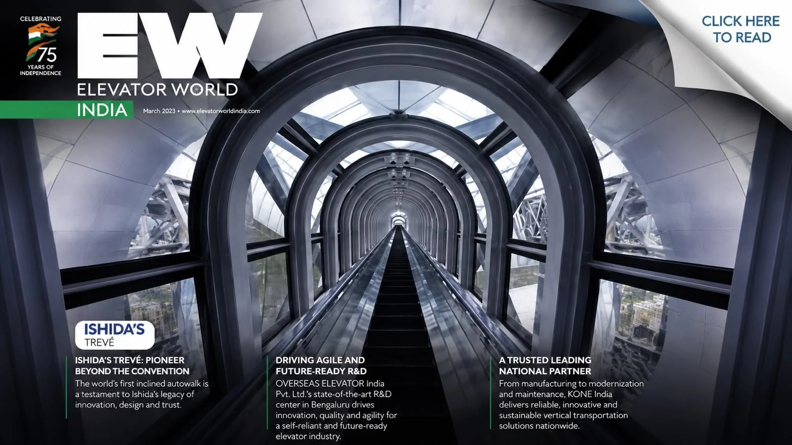 Cover of Elevator World India magazine featuring a photo of a futuristic glass and metal enclosed elevator shaft with a moving walkway inside, looking through a tunnel of repeating arches toward a distant light.