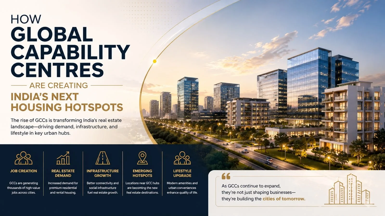 Modern cityscape with glass high-rise buildings and residential apartments at sunset, illustrating India's next housing hotspots, with an infographic on job creation, real estate demand, infrastructure growth, emerging hotspots, and lifestyle upgrades.