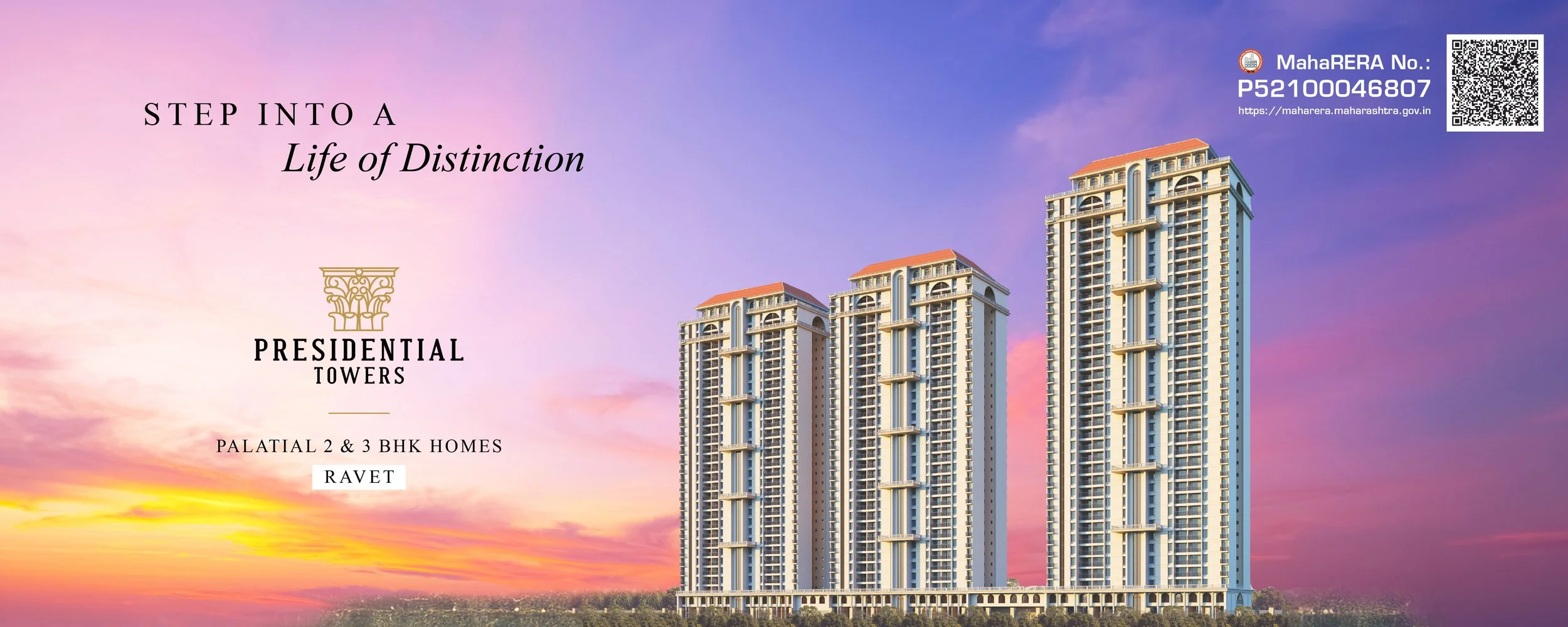 Advertisement for Presidential Towers residential apartments featuring three tall high-rise buildings against a colorful sunset sky, with promotional text including 'Step into a Life of Distinction,' 'Palatial 2 & 3 BHK Homes,' and details about location and contact information.