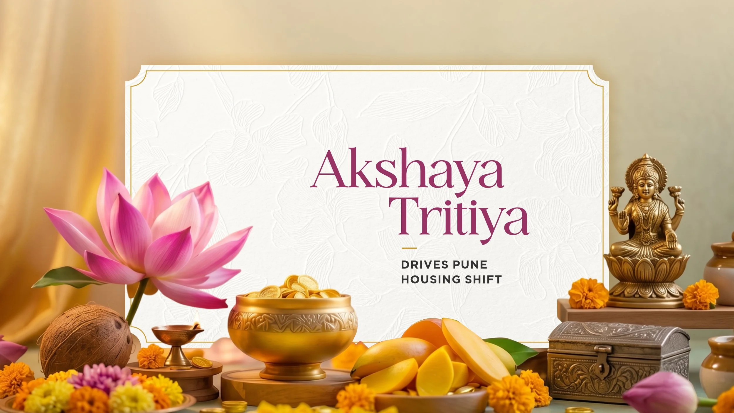 A decorative poster for Akshaya Tritiya, featuring a pink lotus flower, a brass statue of a goddess, marigold flowers, coins, and various traditional items, with the text 'Akshaya Tritiya Drivest Pune Housing Shift'.