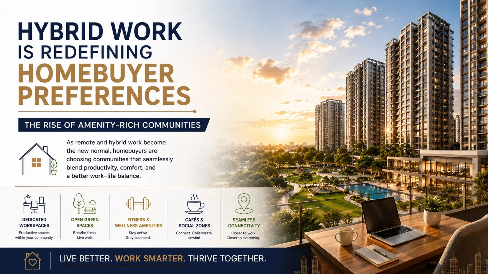 A promotional flyer for a community emphasizing hybrid work, with a sunset view of a residential area featuring tall apartment buildings, a swimming pool, and green parks. The flyer highlights features like dedicated workspaces, open green spaces, fitness amenities, coffee and social zones, and seamless connectivity.
