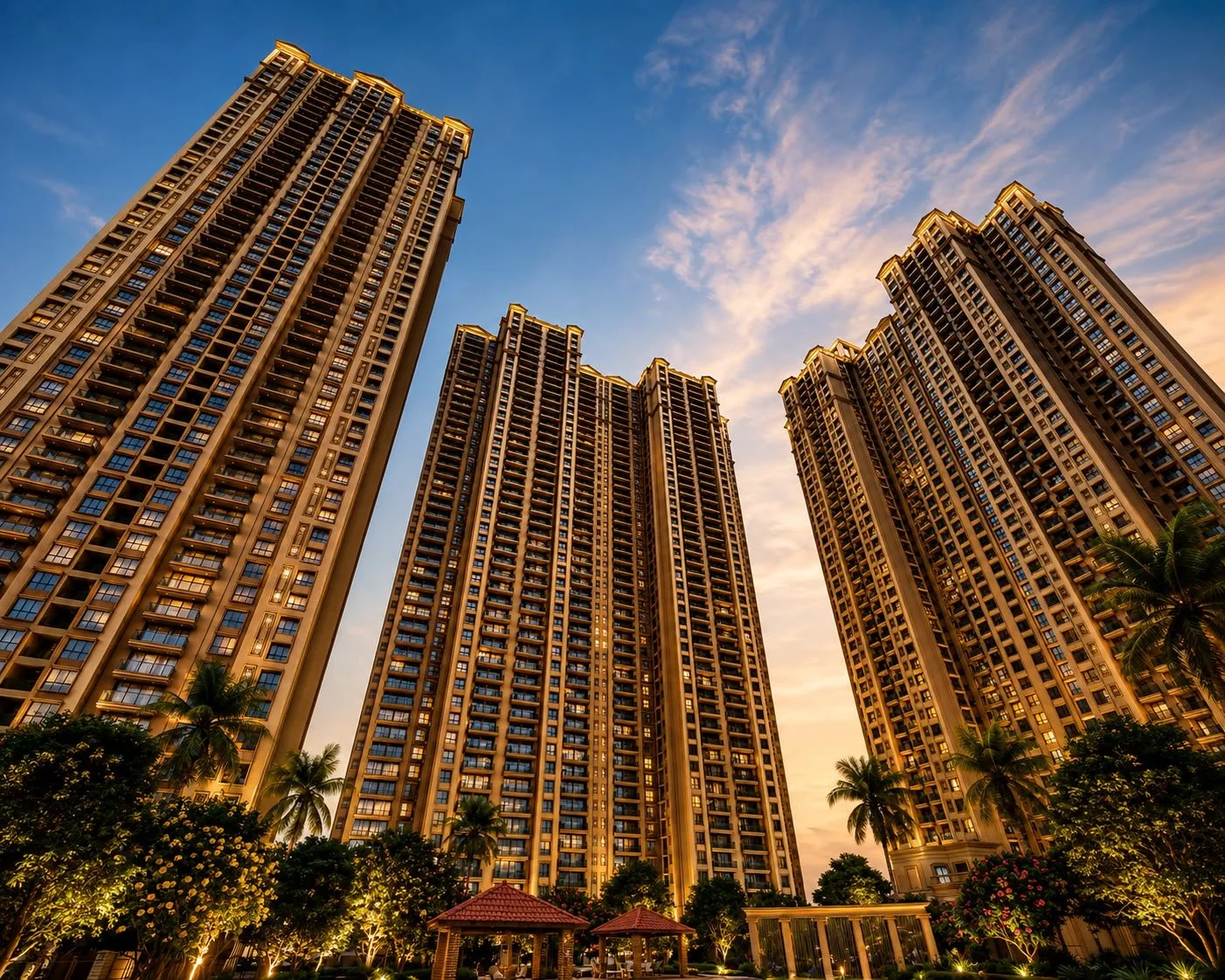 Tall residential buildings illuminated at sunset, with palm trees and a small pavilion in the foreground.