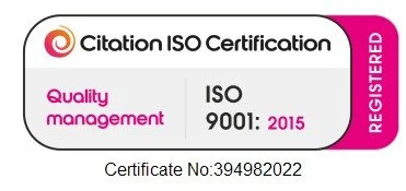 ISO certification badge indicating ISO 9001:2015 quality management certification, with a citation number 394982022.
