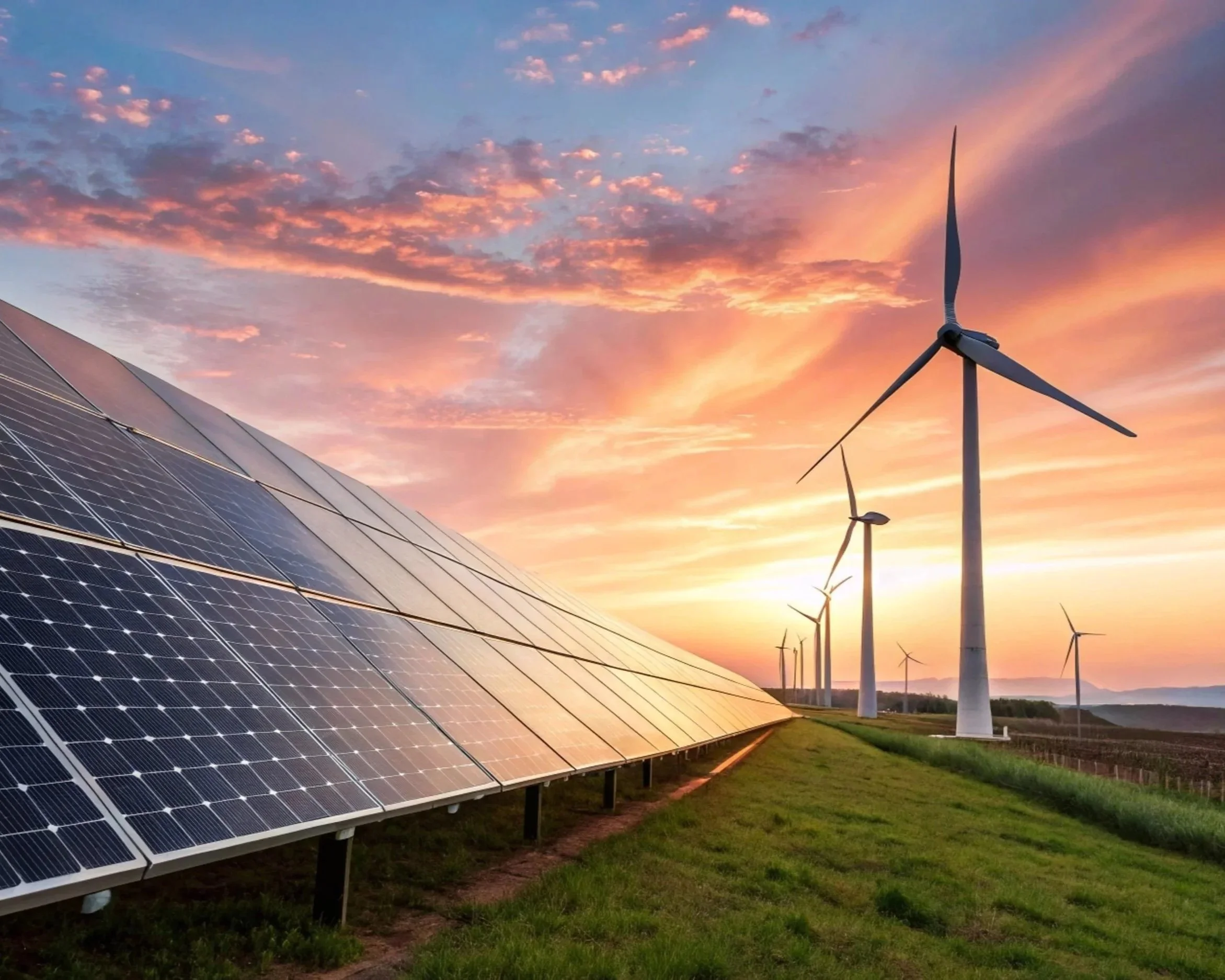 Solar panels in the foreground and wind turbines in the background during a colorful sunset.