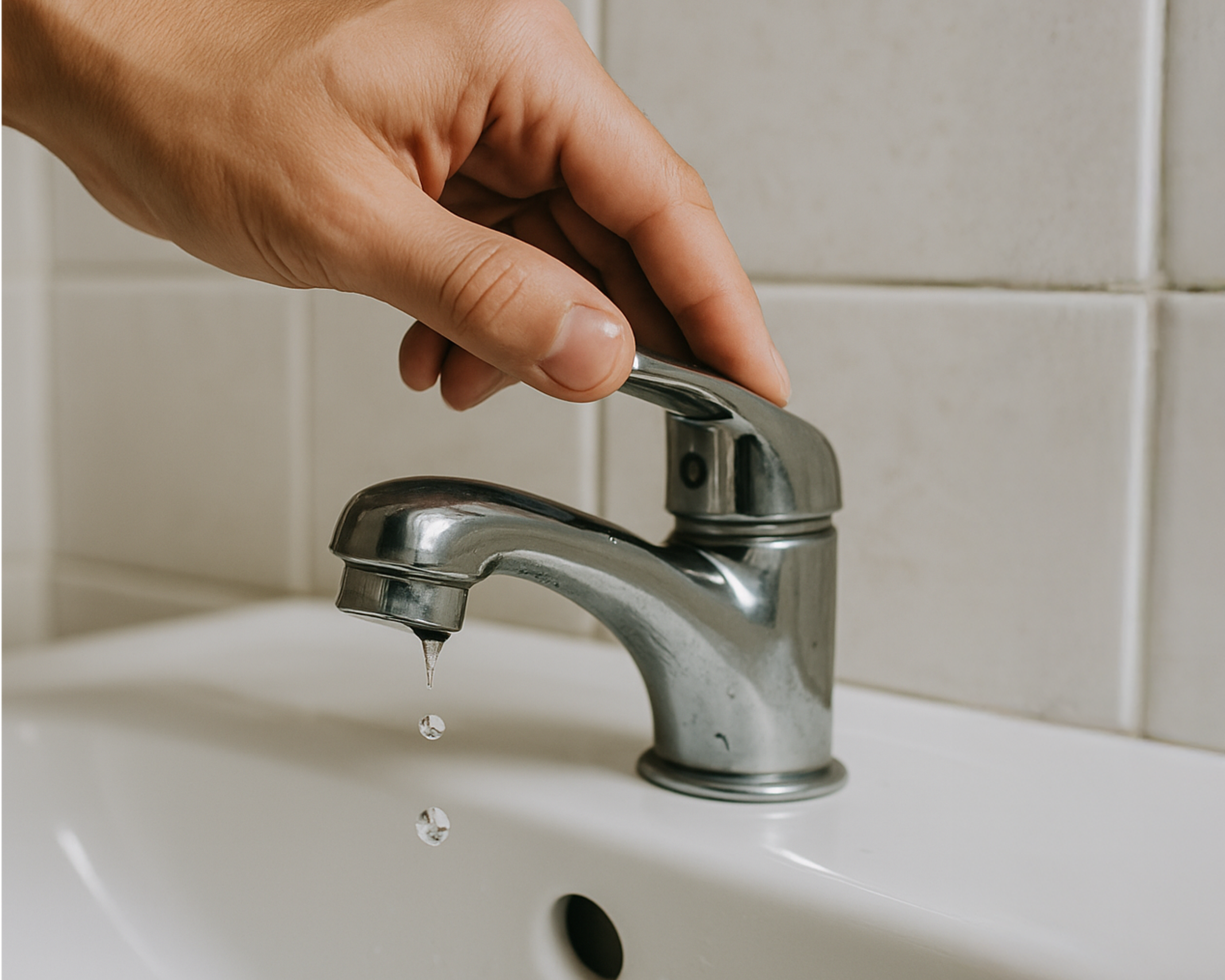 A person's hand turning on a bathroom faucet with water dripping from it.