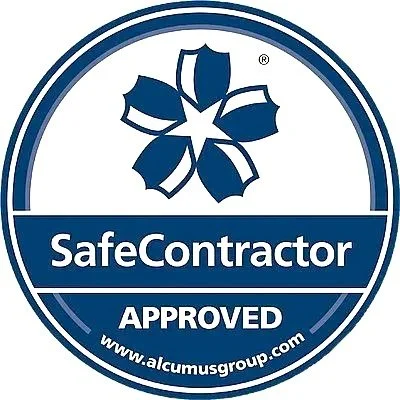 SafeContractor approved badge with a blue flower-like logo and website URL www.alcumusgroup.com.