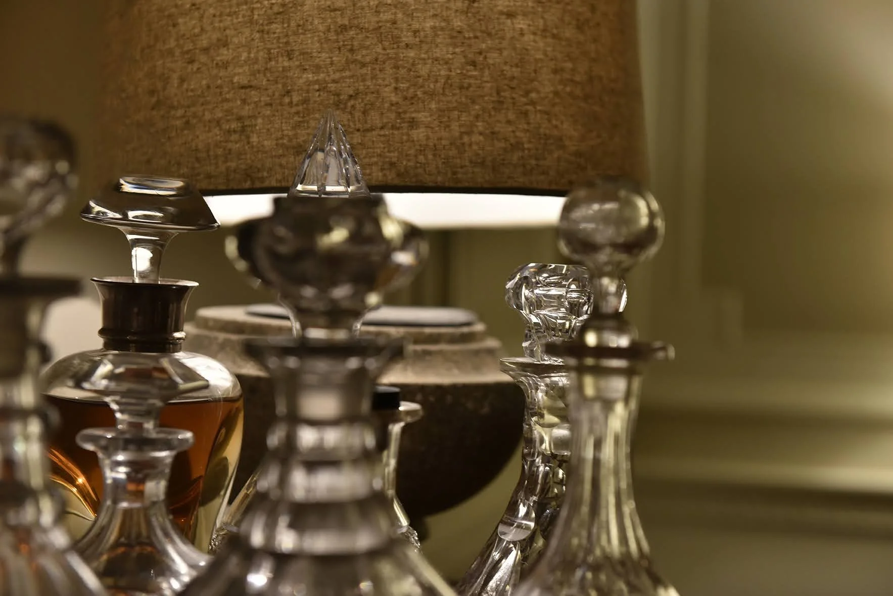Decanters in the drawing room at Barton Court
