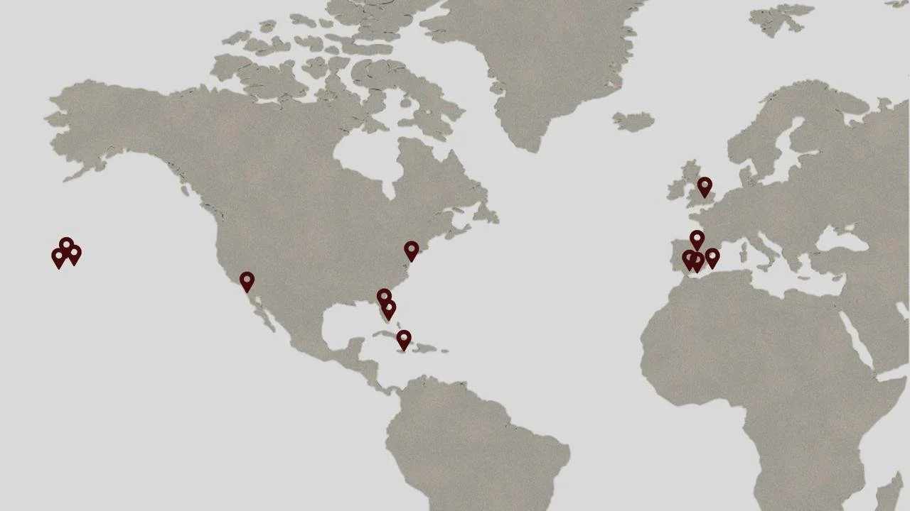 World map with locations marked in North America, the Caribbean, and Europe.